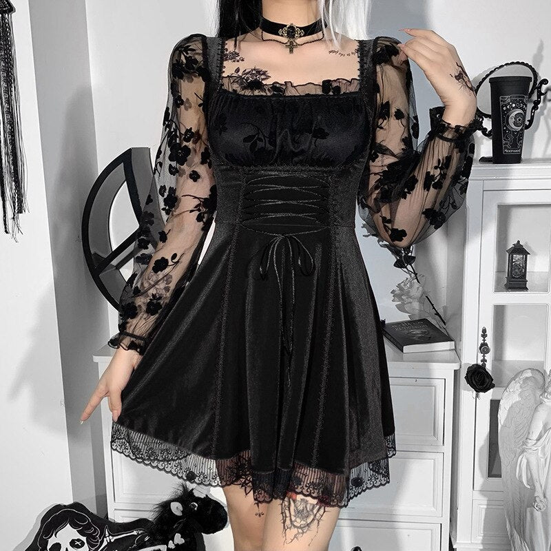 Velour Gothic Aesthetic Vintage Dresses Women Sexy Patchwork Grunge Black Red Robe Femme Lace Up Long Sleeve A-line Partywear