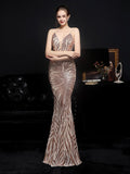 Sexy Backless V Neck Cocktail Dress Sleeveless Suspender Party Dress Floor Length Sequins Mermaid Robes Women Vestidoes New