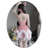 2021 Women Christmas Xmas Lady Santa Claus Cosplay Costume Sexy Lingeries Exotic Winter Pink Tube Dress Maid Waitress Uniform