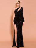 Sequins Dinner Party Evening Dress Long Dress For Lady One-shoulder Sexy High Split Formal Gowns Black Flounces Robe De Soriee