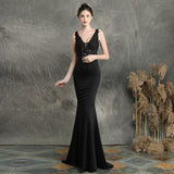 Navy Blue V-neck Appliques Beaded Long Evening Dress See through Elegant Evening Party Dress