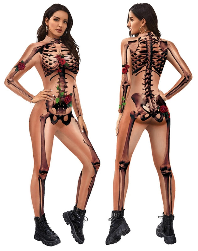2023 New Womens Halloween Costume  Human  Skeleton Print Bodysuit Skinny Catsuit Jumpsuit Cosplay Set