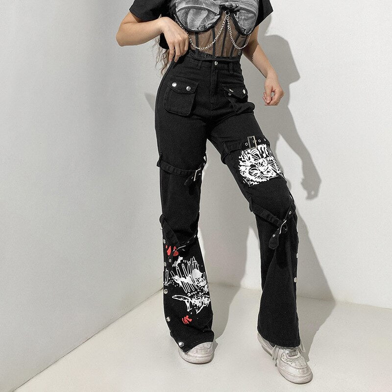 Hip Hop Y2K Punk Skull Print Goth Mall Grunge Cargo Pants Harajuku High Waist Big Pocket Trousers Black Buckle Pants Techwear