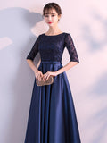 Navy Blue Homecoming Dress Half Sleeve Formal Dress O-neck Elegant Robe De Soriee Floor-length A-line Satin Party Prom Gowns