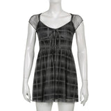 Gothic Girls Plaid Pleated Punk Dress Preppy Style Black Lace Up Harajuku Short Sleeve A Line Party Sexy Mini Dress Streetwear