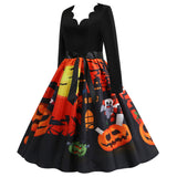 Women Vintage Long Sleeve Halloween 1950s Housewife Evening Party Prom Dress Halloween Costumes Plus Size Bandage Bow Disfraces