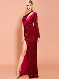 Sequins Dinner Party Evening Dress Long Dress For Lady One-shoulder Sexy High Split Formal Gowns Black Flounces Robe De Soriee