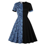 Leopard and Black Two Tone Women Vintage Elegant A Line Round Neck Glamorous Party Retro Ladies Dress