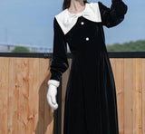 Black Vintage Velvet Dress Women Kawaii One Piece Dress Korean Fashion Long Sleeve Elegant Midi Dress Bow Design 2021 Winter