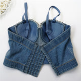 Autumn Lingerie Sexy Denim Rhinestone Women Cropped Top Corset Crop Tank Top Push Up Bustier Camis Built in Bra