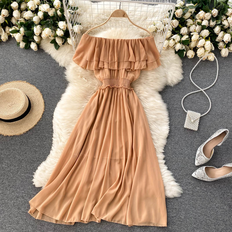 Women Solid Color Casual Chiffon Dress Elegant Double Ruffle Sexy Off Shoulder Dress Summer Clothes Sundress
