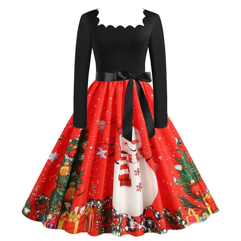 2023 Christmas Costume Party Dress Long Sleeve Square Collar Printed Elegant Vintage Women Winter Sundress Plus Size Robe