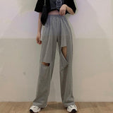 Women Casual Sweatpants Korean Style Solid Color Hole Elastic High Waist Loose Straight Pants