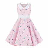 50s Tunic Midi Vintage Kids Pink Blue Swing Cotton Retro Cherry Floral Print Summer Dress for Girl