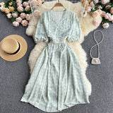 Belted Chiffon Midi Dress V Neck Short Puff Sleeve Floral Dress