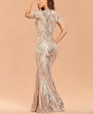 Women Gold Sequin Evening Dress Elegant Short Sleeve Beaded Party Bodycon Maxi Dress