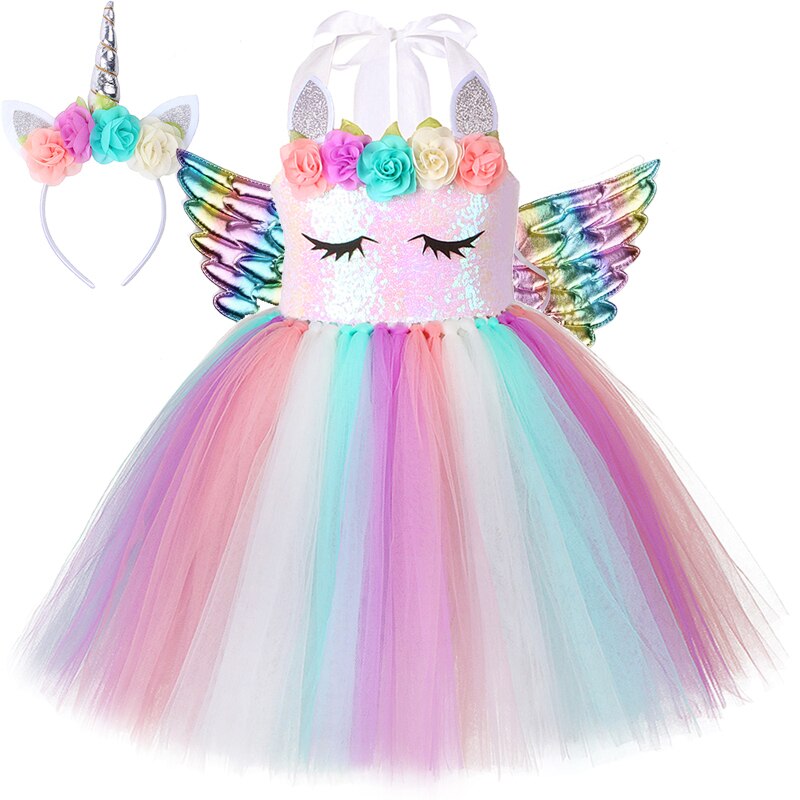 Flower Girl Unicorn Dress Pastel Sequins Princess Dresses for Kids Unicorns Halloween Costume Baby Girls Tutus Outfit with Wings