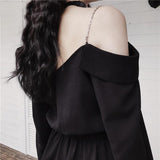 Harajuku Gothic Shirt Dresses Black Button Font V Collar Off Shoulder Women Sling Streetwear Long Sleeve A Line Black Punk Dress