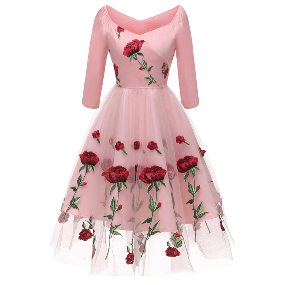1950s Elegant Party New Year Rose Floral V Neck Mesh Sleeve Embroidered Dress