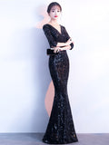 Handmade Beads V Back V Neck Mermaid Tulle Sequin Embroidery Party Gown Half Sleeve Celebrity Dress
