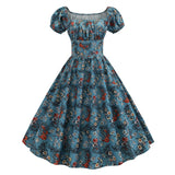 Square Neck Ruched High Waist Vintage Multicolor Floral Women Pleated Dress Short Sleeve Summer Rockabilly Swing Dresses