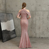 Pink Sequin Evening Dress Hollow Out Elegant Off Shoulder Party Maxi Dress Long Prom Dress