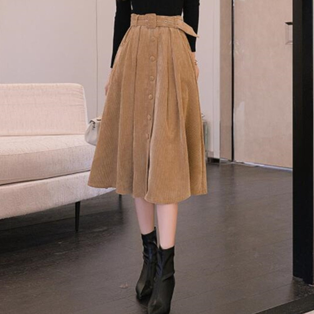Autumn Winter Corduroy Pleated Women High Waist Large Swing A-Line Elegant Button Long Skirt