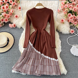 Winter Women Crew Neck Long Sleeve Knee Length Midi Dress Elegant Office Houndstooth Patchwork Knitted Pleated Dress