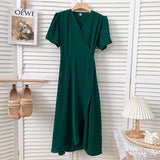 Elegant Wrap Woman V Neck Short Sleeve Solid Color Casual Belted Midi Dress