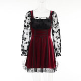Velour Gothic Aesthetic Vintage Dresses Women Sexy Patchwork Grunge Black Red Robe Femme Lace Up Long Sleeve A-line Partywear