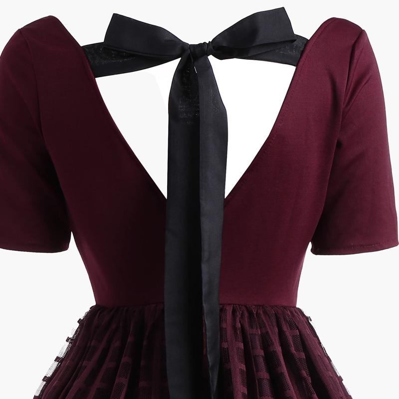 Burgundy Tie Back Lace Overlay Pleated Elegant Party Short Sleeve 50s Vintage Robe Women Backless Swing Dress