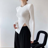 New Spring Sexy Split Hem Women Long Sleeve O-Neck White T Shirts Casual Tops