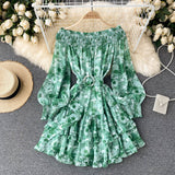 Ruffle Hem Beach Vacation Floral Print Chiffon Mini Dress With Belt Elegant Women Long Sleeve Off Shoulder Dress