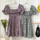 Vintage Floral Print Summer Vacation Beach Dress Ruffle Square Neck Short Puff Sleeve Casual Mini Dress