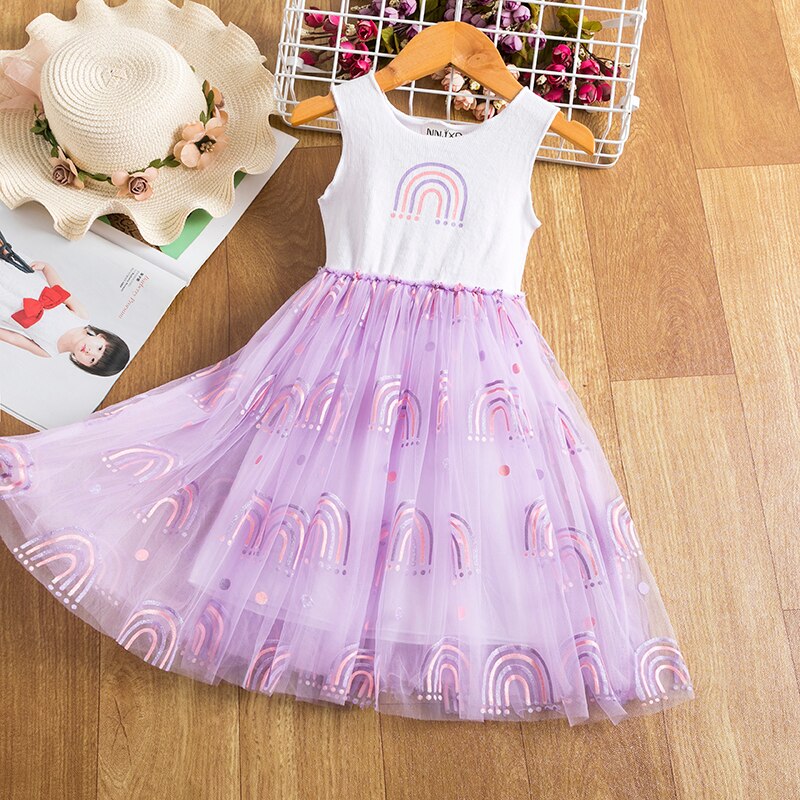 Sleeveless Girls Princess Dress For 3-8 Years Kids Rainbow Print Tutu Wedding Party Elegant Vestidos Children Formal Clothes