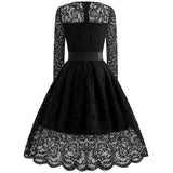 Gothic Black Lace Party Formal Dress Women Autumn Long Sleeve Office Evening Gowns Hepburn Elegant Vintage Belt Tunic Dresses