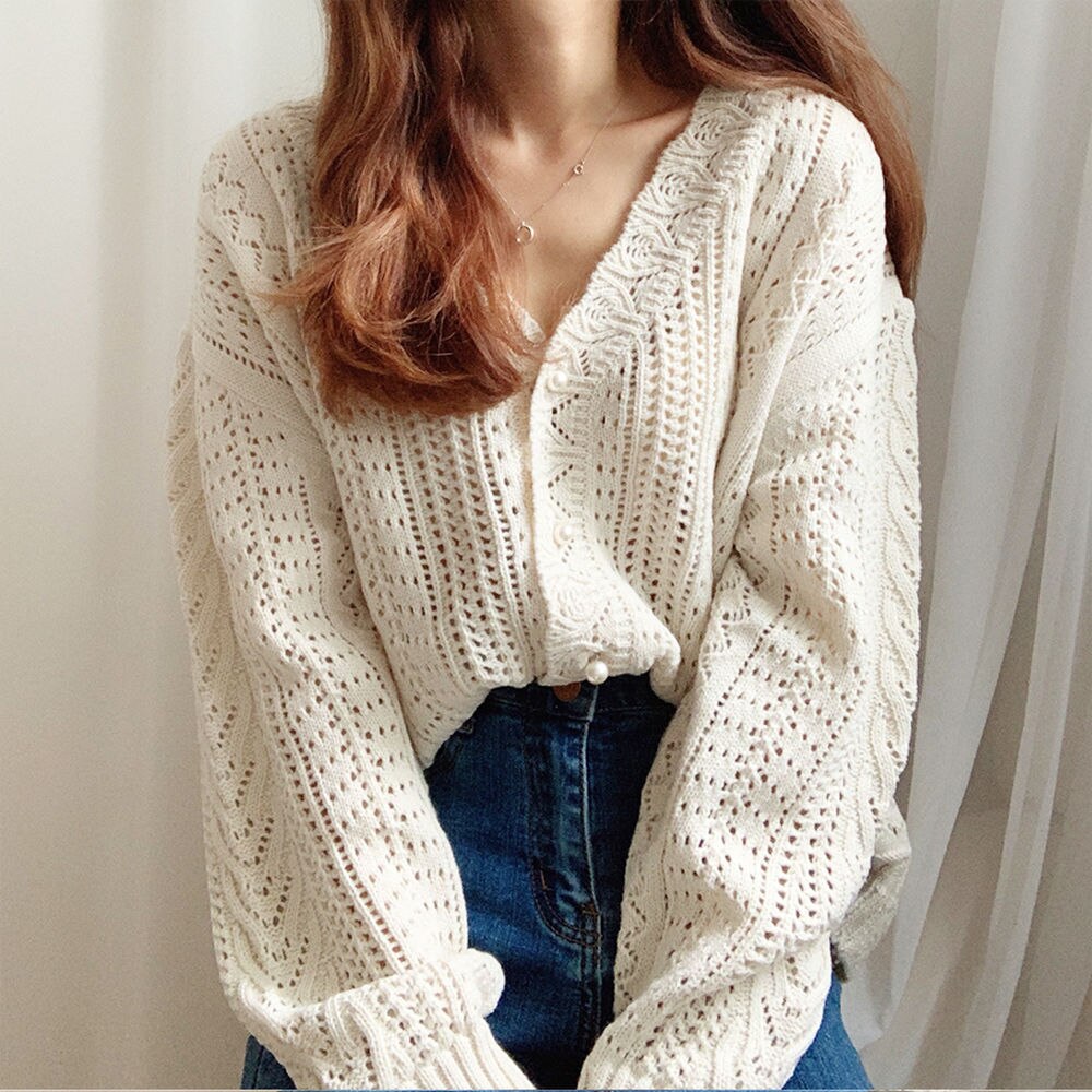 Women Knitted Sweater V-Neck Single-breasted Elegant Tops Femme Hollow out Cardigans Coat Outwear