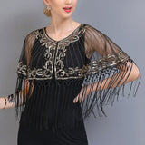 Women Vintage 1920s Shawl Beaded Sequin Fringe Flapper Bolero Sheer Floral Embroidery Mesh Shrug Cape Fancy Party Cover Up