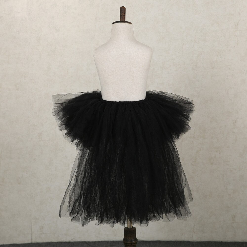 Solid Black Trailing Skirts for Girls Kids Tutu Skirt with Tail Princess Girl Fluffy Party Tutus for Halloween New Year Costumes
