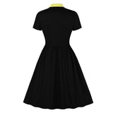 Black Contrast Notched Collar Butterfly Embroidery Vintage Button Front Elegant Pleated Dress