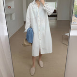 Turn-Down Collar Long Sleeve Loose Shirt Dress With Chest Pocket Button Up Solid Casual Midi Dress