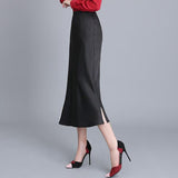 Summer Midi Elegant High Waist Black Long Satin Skirt Office Trumpet Vintage Silk Fishtail Skirts