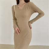 Autumn Winter V Neck Long Sleeve Basic Elegant Sweater Dress Chic Knitted A Line Casual Midi Dress