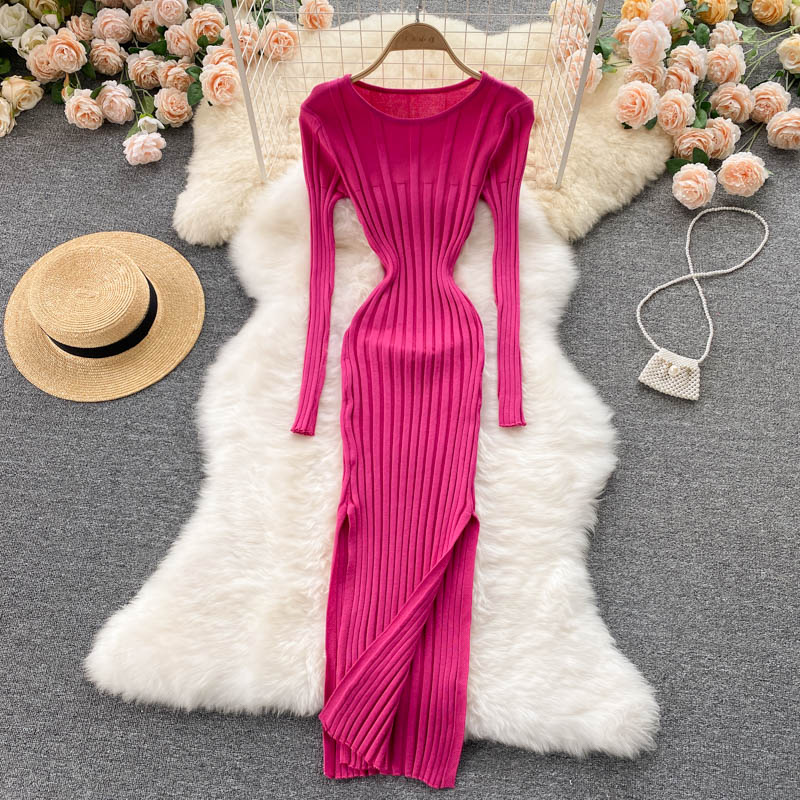 Autumn Winter Midi Dress Women O-Neck Long Sleeve Ribbed Knitted Dress Side Slit Night Club Party Sexy Bodycon Dress