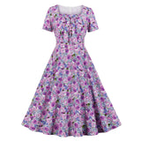 2023 Bohemian Beach Floral Women Casual Party Dress With Bow Short Sleeve 50s 60s Big Swing Rocakbilly Pin Up Vintage Sundress