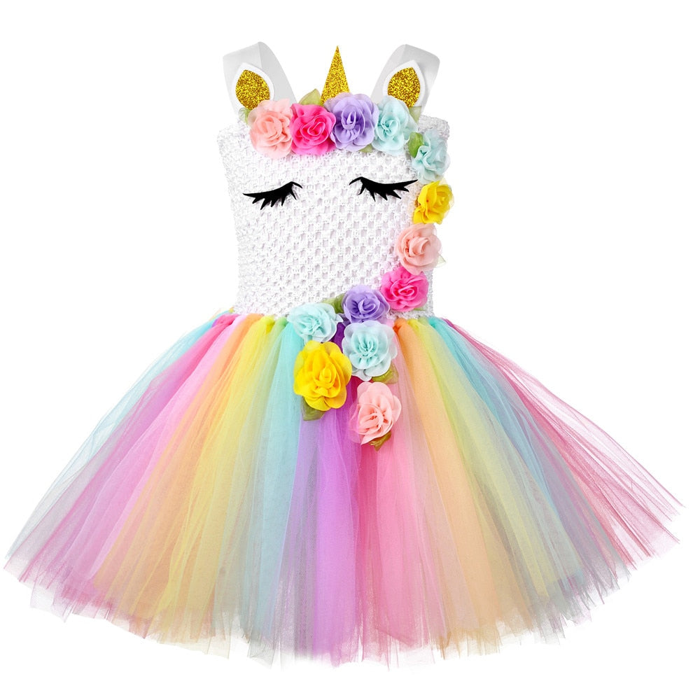 Rainbow Unicorn Costume Girls Princess Dress Up Clothes Summer Tutu Dresses with Flowers Kids Girl Unicorn Birthday Party Gifts