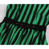 Green Black Striped Cotton Cap Sleeve Robe Pin Up Swing Elegant Retro Vintage Dress