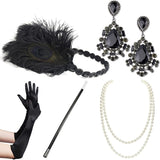 5 Pcs/set 1920s Women Vintage Gatsby Feather Headband Flapper Costume Accessories Set Cigarette Holder Pearl Necklace Earring Gloves