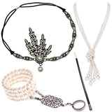 4pcs/set 1920s Flapper Accessories Set Rhinestone Headpiece Pearl Knot Necklace Bracelet with Cigarette Holder