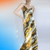 Elegant Party Midi Chic Tie Dye Print Satin Slip Dress V Neck Spaghetti Strap Sexy Dress